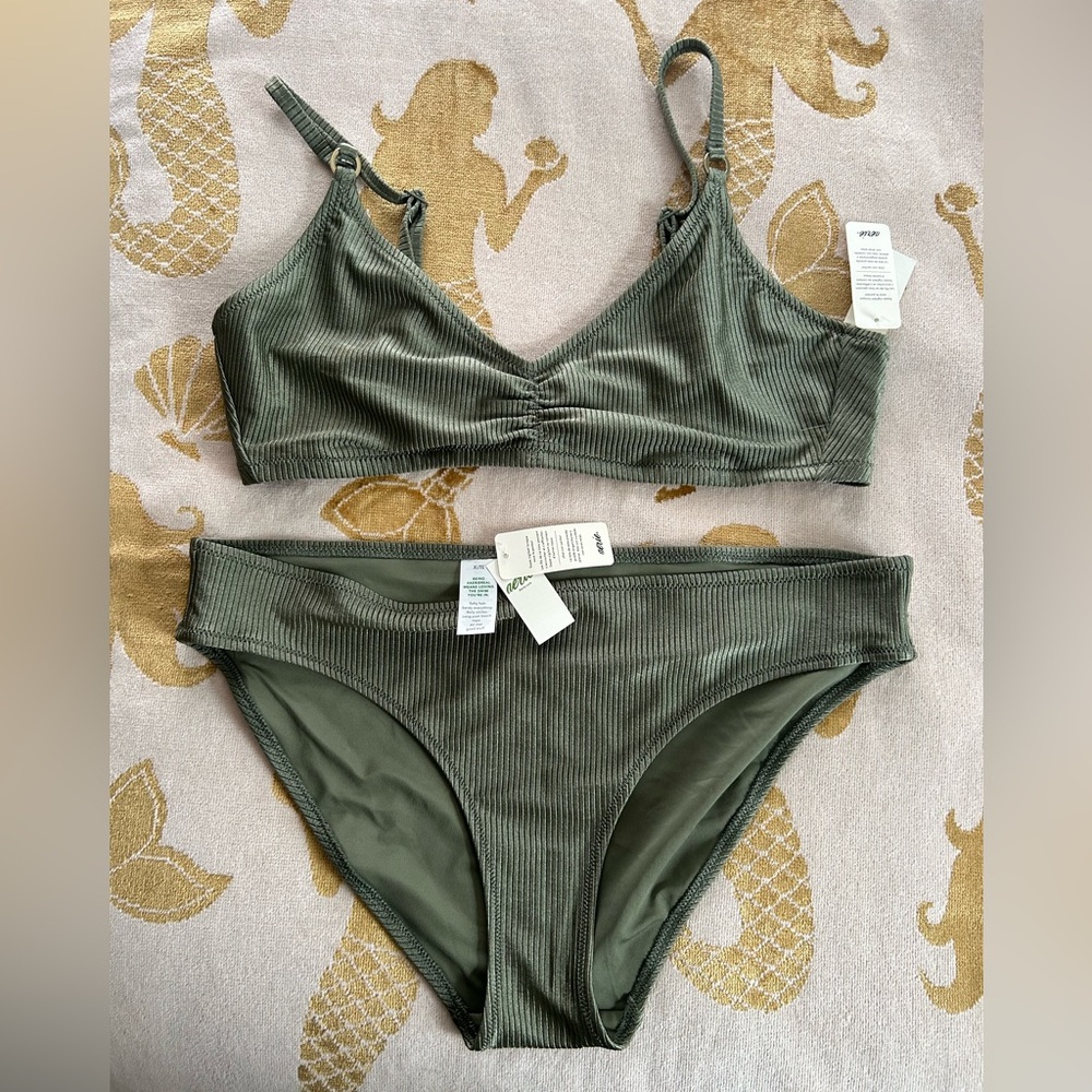 NWT Aerie Beach Babe Shine Rib Voop Top & Full Coverage Bottom Bikini - Size XL